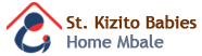 This is St. Kizito's logo with "St. Kizito Babies Home Mbale" written in brown and navy-blue letters. Next to it is an abstract graphic of a person holding a baby, with a roof over their head. It is done in red and navy colors.